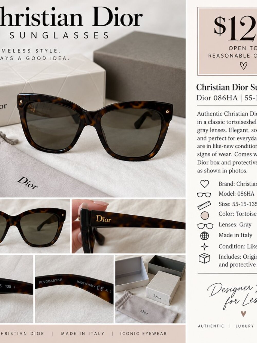Christian Dior 086HA Tortoise Sunglasses 55mm Like New - Picture 2 of 9